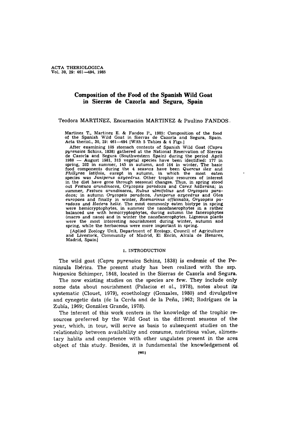 Composition of the Food of the Spanish Wild Goat in Sierras De Cazorla and Segura, Spain