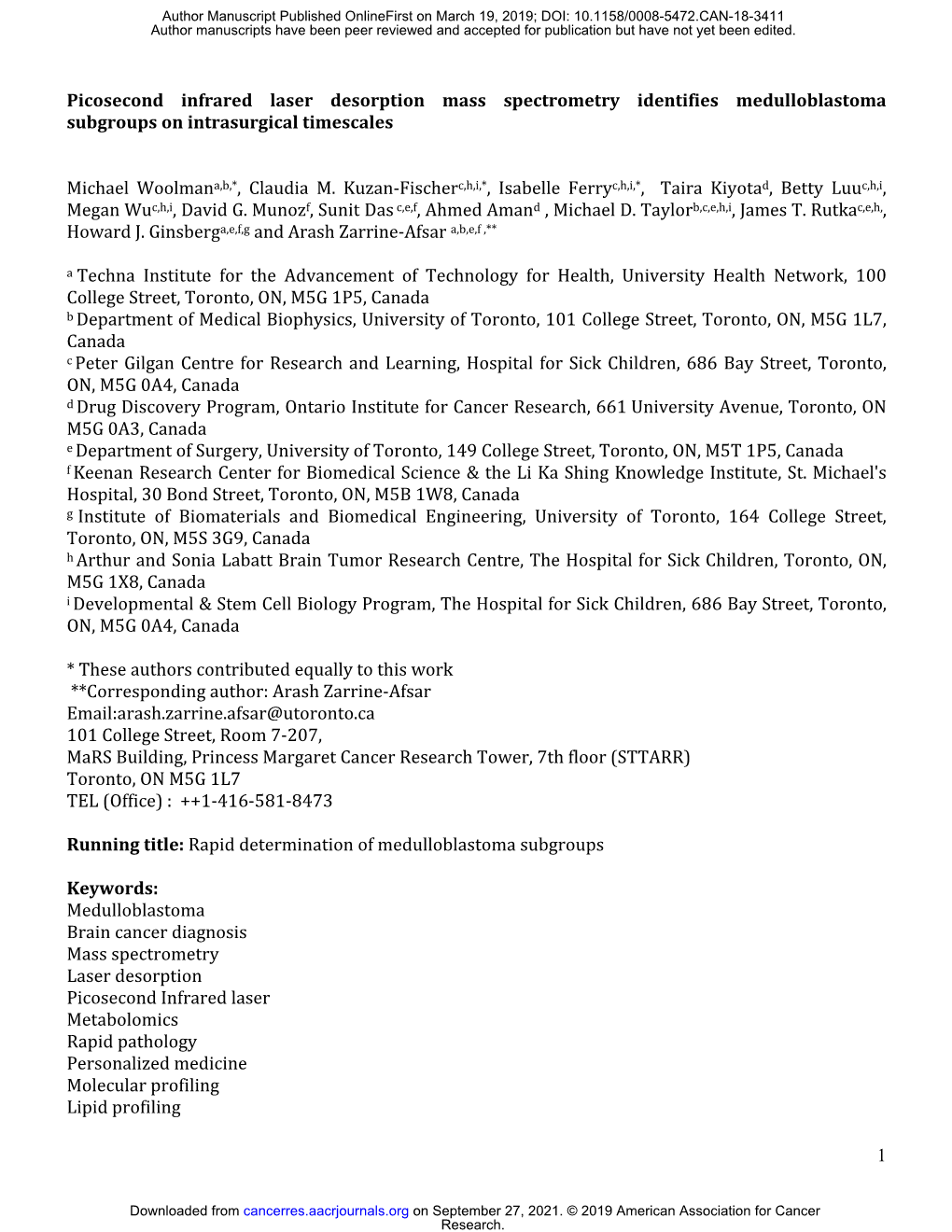 Picosecond Infrared Laser Desorption Mass Spectrometry Identifies Medulloblastoma Subgroups on Intrasurgical Timescales