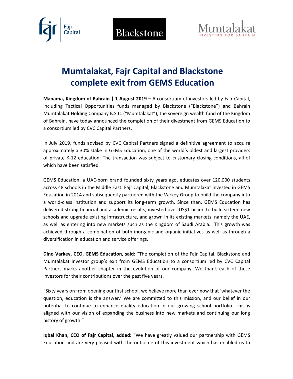 Mumtalakat, Fajr Capital and Blackstone Complete Exit from GEMS Education