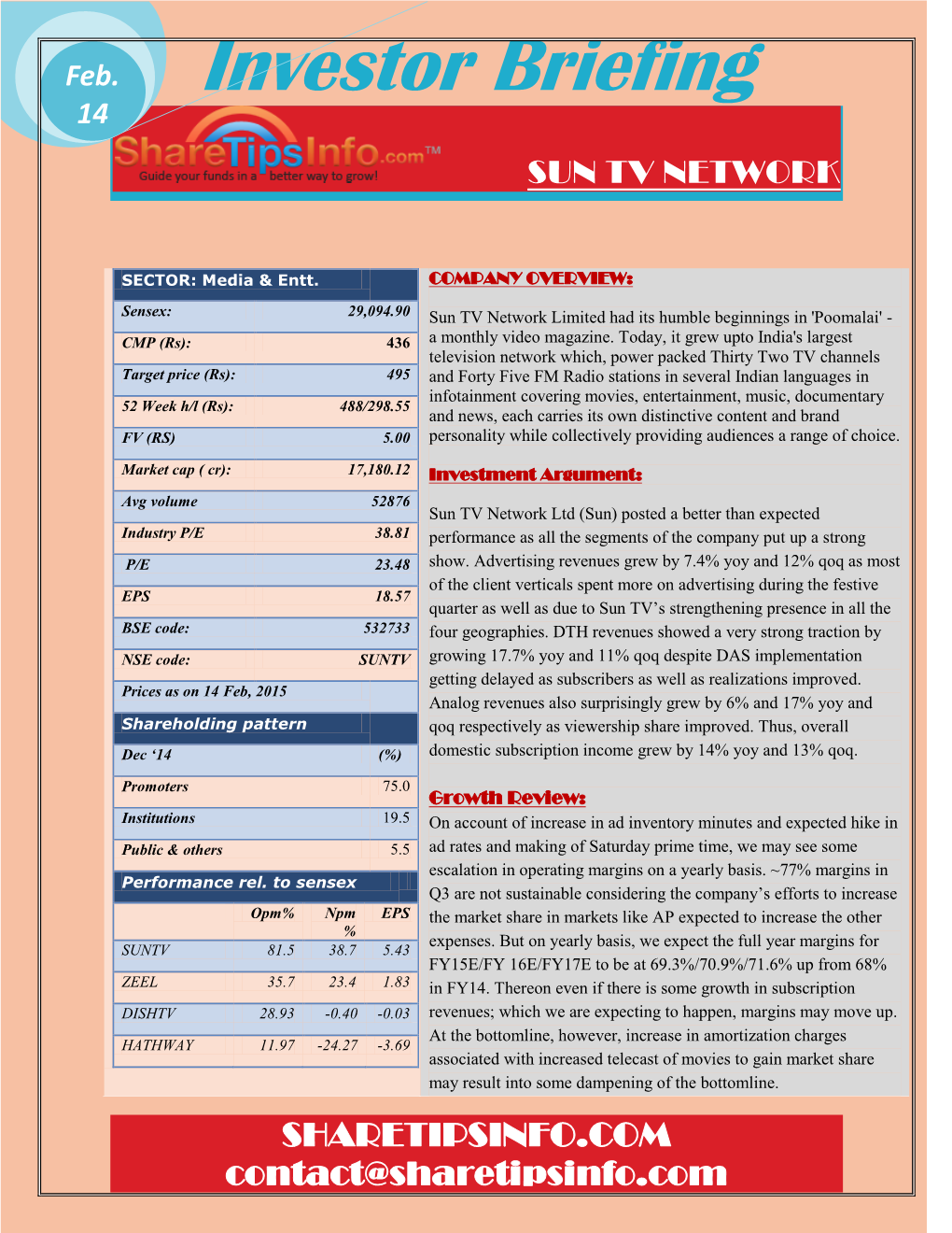 Investor Briefing 14 SUN TV NETWORK