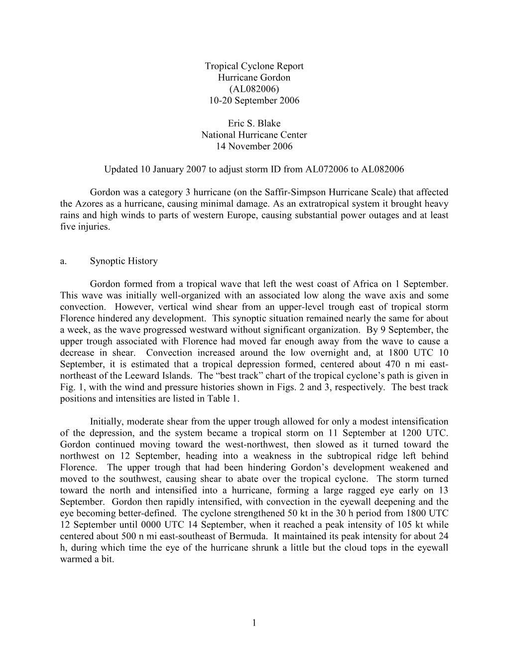 Tropical Cyclone Report Hurricane Gordon (AL082006) 10-20 September 2006