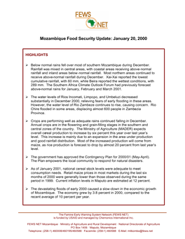 Mozambique Food Security Update: January 20, 2000