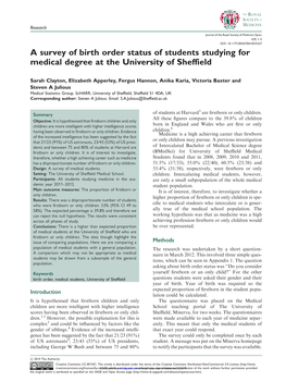 A Survey of Birth Order Status of Students Studying for Medical Degree at the University of Sheffield