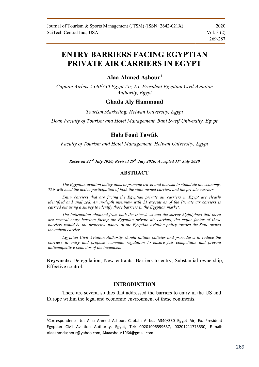 Entry Barriers Facing Egyptian Private Air Carriers in Egypt
