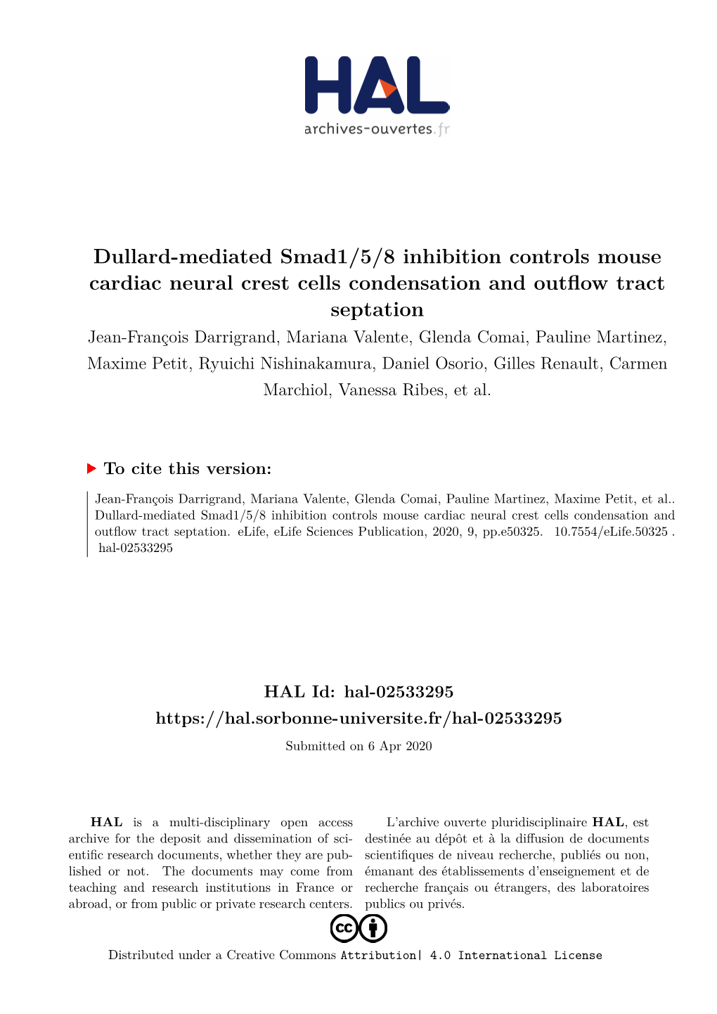 Dullard-Mediated Smad1/5/8 Inhibition Controls Mouse Cardiac