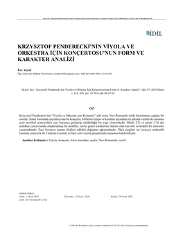 Krzysztof Penderecki'nin Viyola Ve Orkestra İçin Konçertosu'nun Form Ve Karakter Analizi”