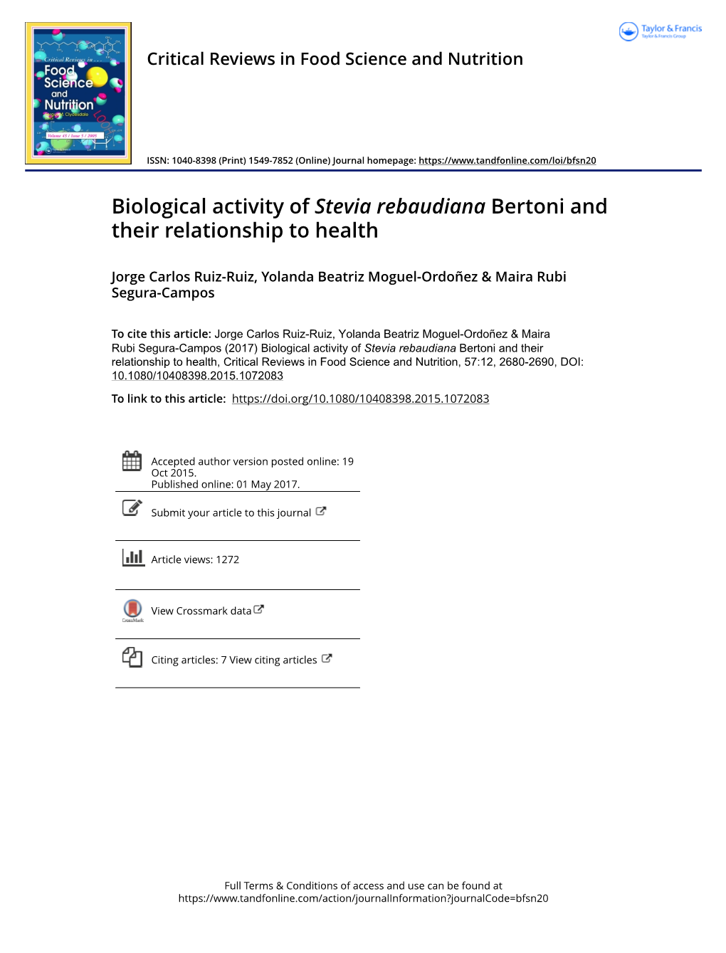 Biological Activity of Stevia Rebaudiana Bertoni and Their Relationship to Health