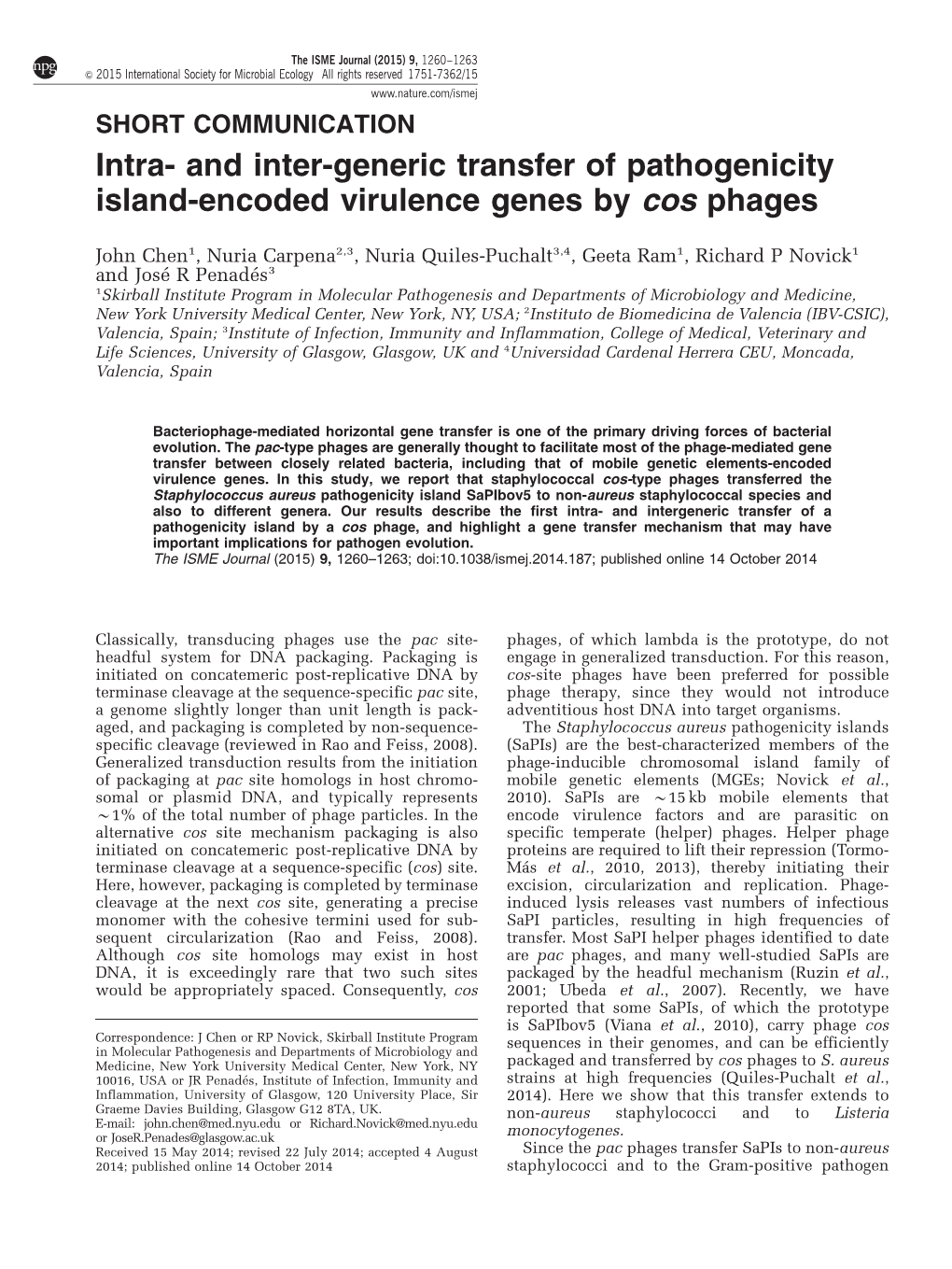 And Inter-Generic Transfer of Pathogenicity Island-Encoded Virulence Genes by Cos Phages