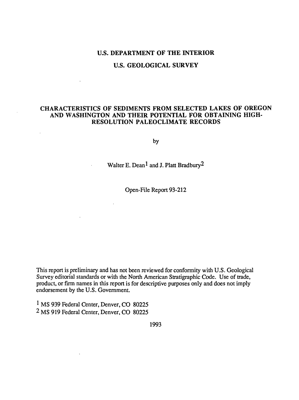 Characteristics of Sediments from Selected Lakes of Oregon and Washington and Their Potential for Obtaining High- Resolution Paleoclimate Records