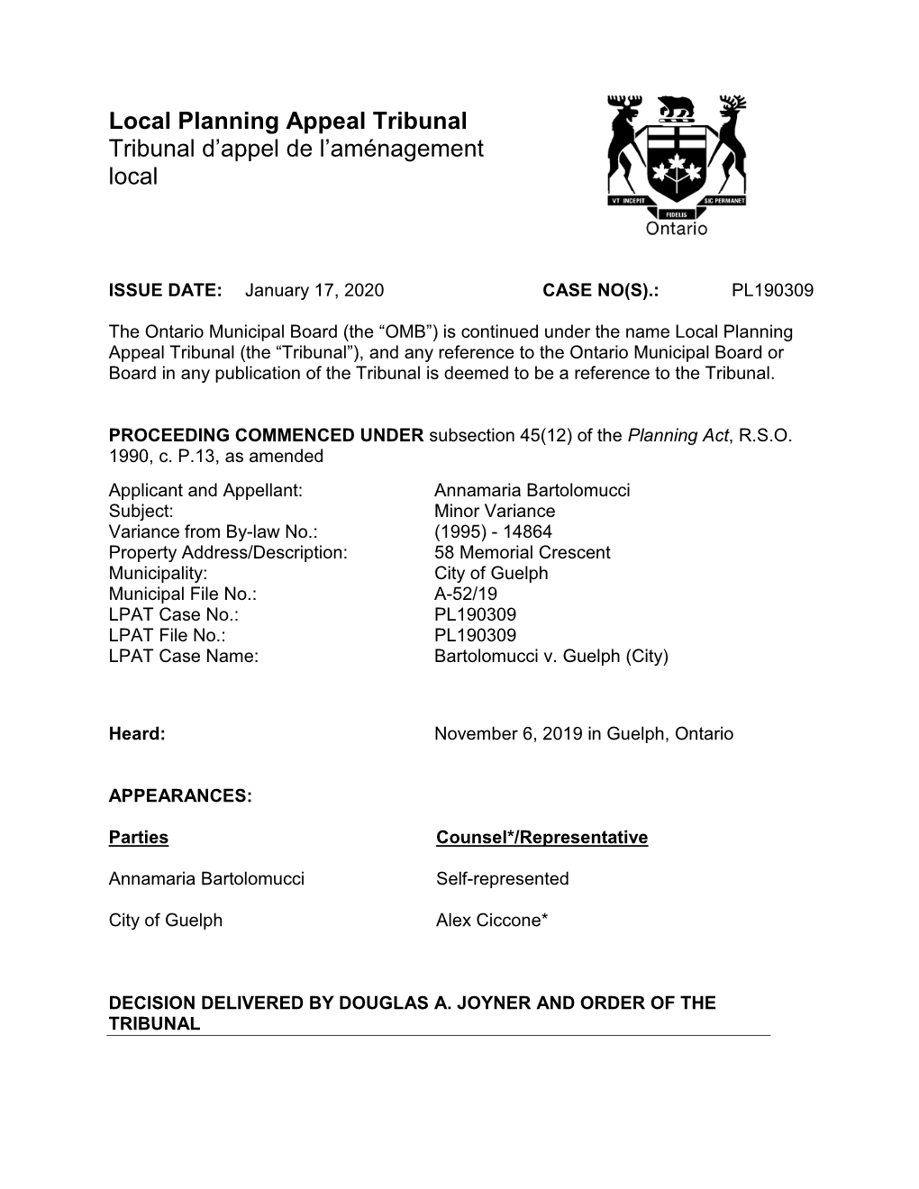 Local Planning Appeal Tribunal Tribunal D’Appel De L’Aménagement Local