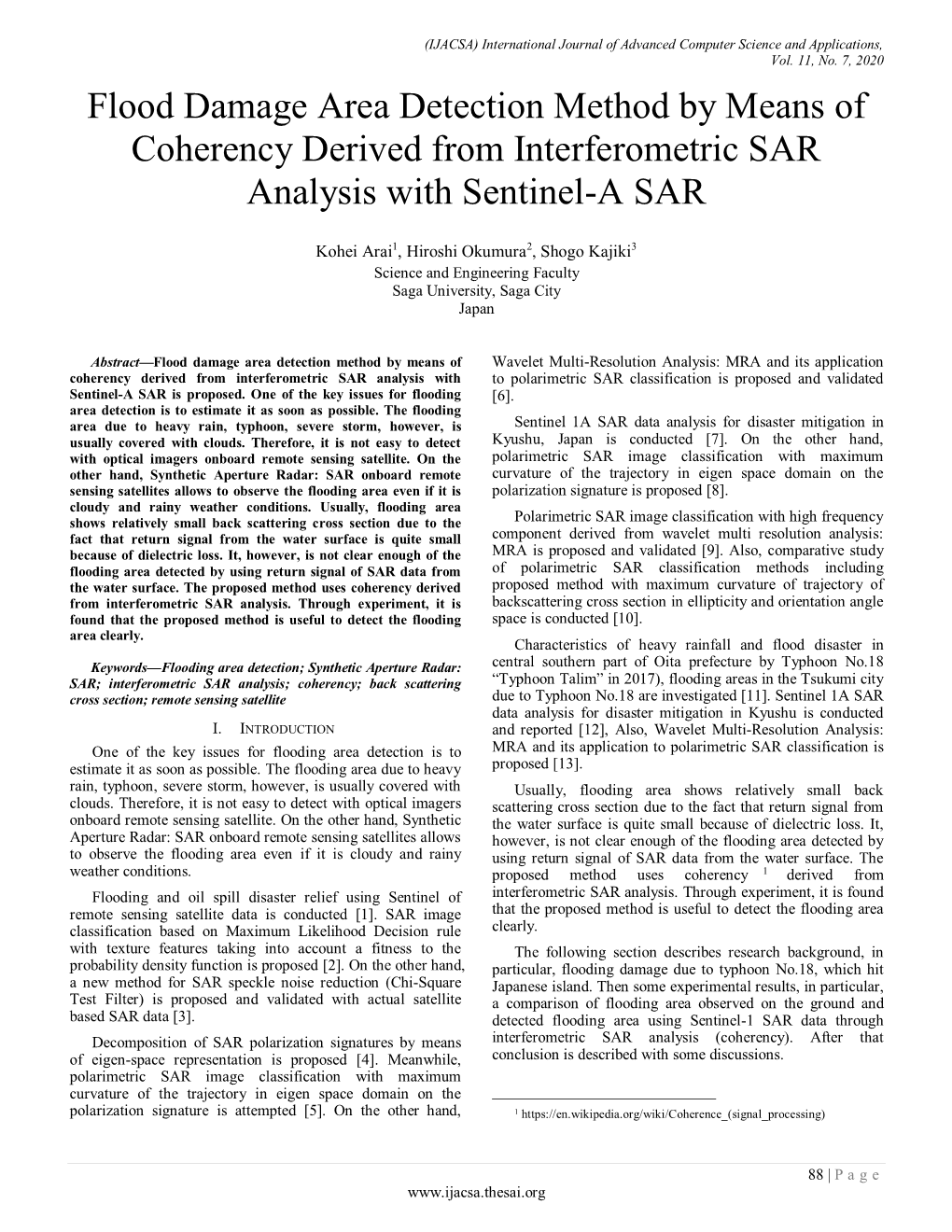 Flood Damage Area Detection Method by Means of Coherency Derived from Interferometric SAR Analysis with Sentinel-A SAR