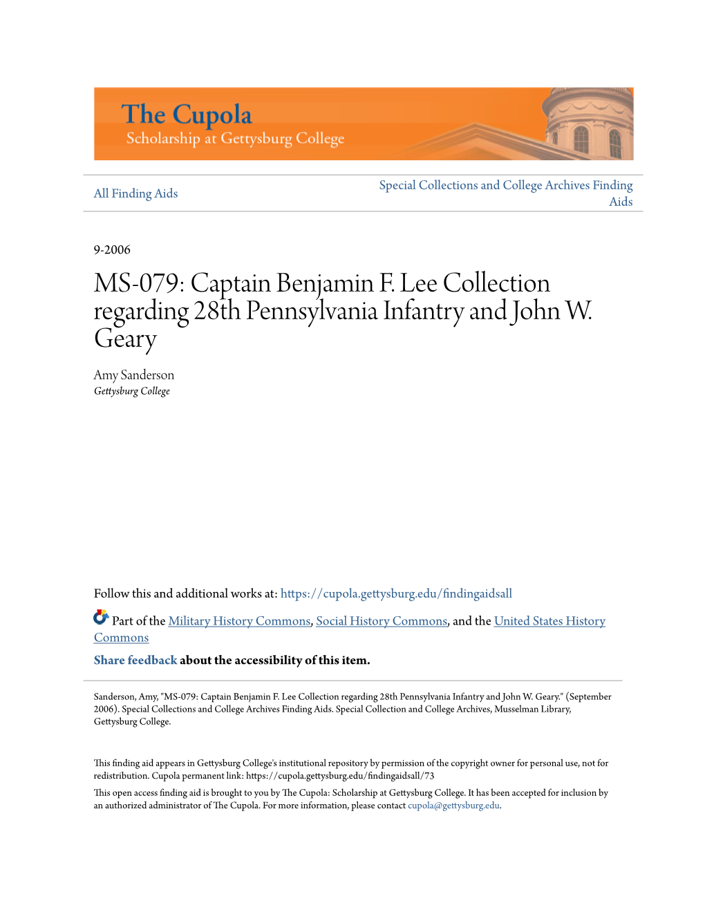 Captain Benjamin F. Lee Collection Regarding 28Th Pennsylvania Infantry and John W