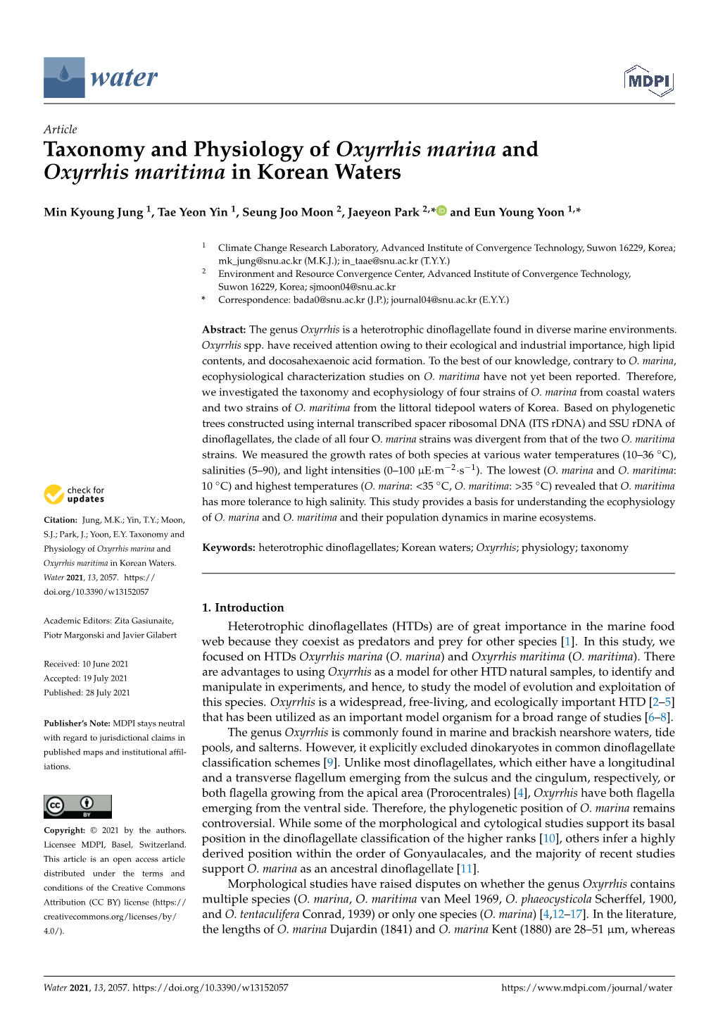 Taxonomy and Physiology of Oxyrrhis Marina and Oxyrrhis Maritima in Korean Waters