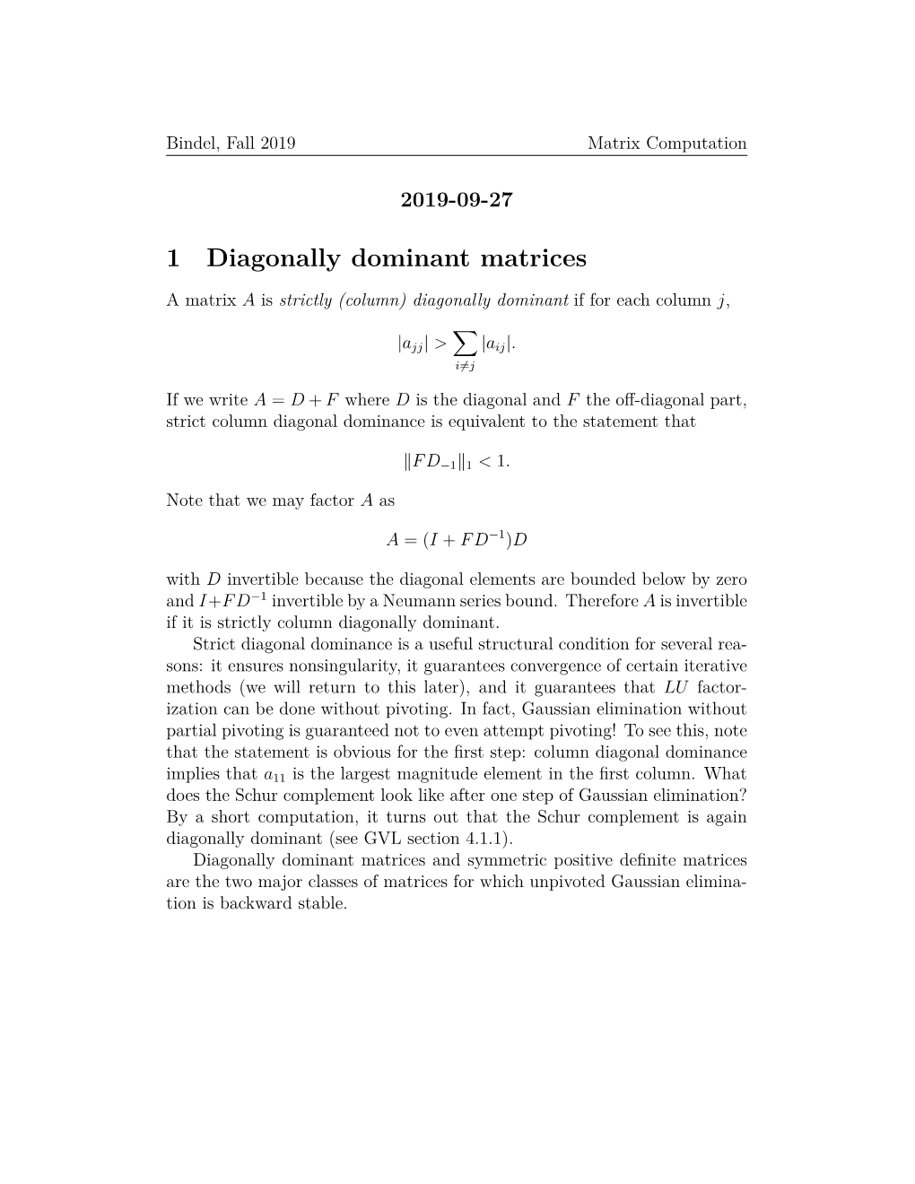 1 Diagonally Dominant Matrices