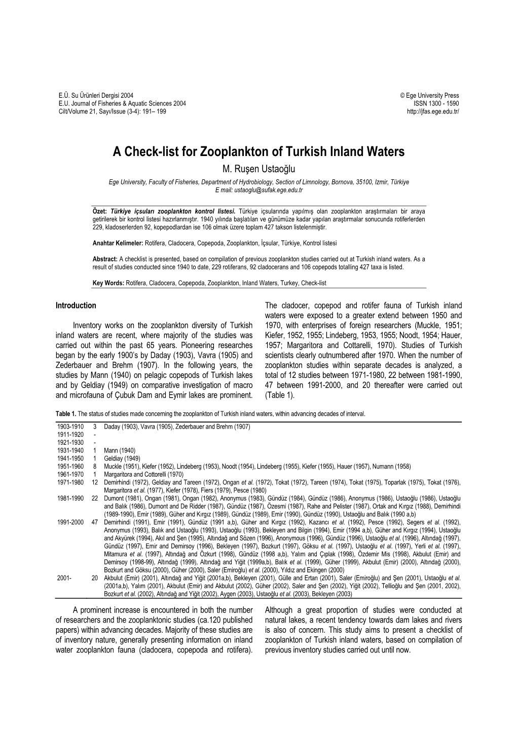 A Check-List for Zooplankton of Turkish Inland Waters