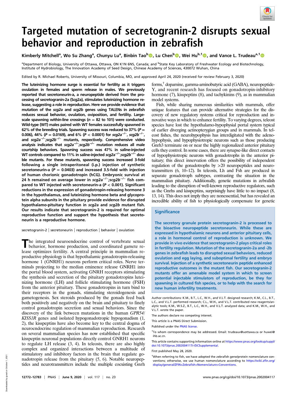 Targeted Mutation of Secretogranin-2 Disrupts Sexual Behavior and Reproduction in Zebrafish