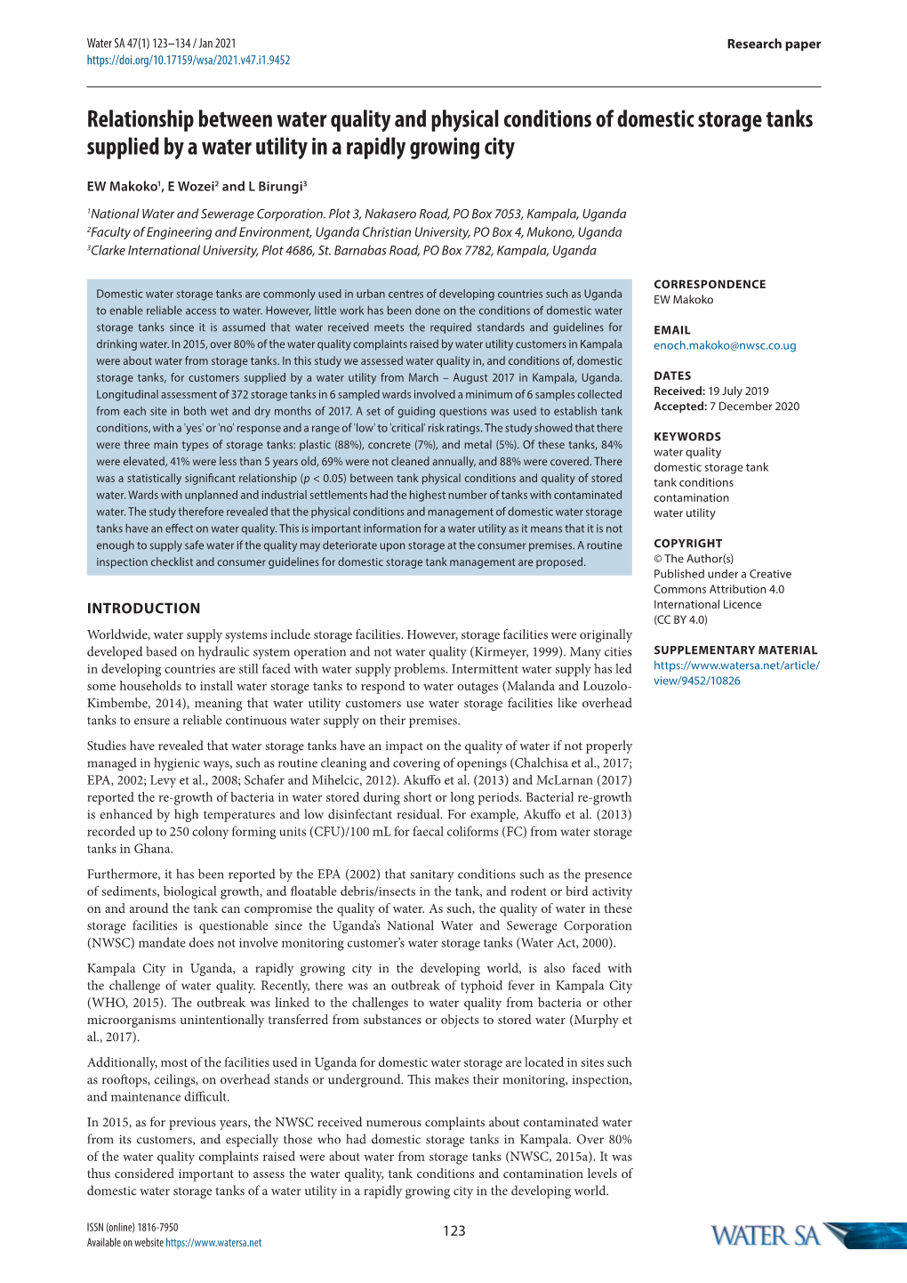 Relationship Between Water Quality and Physical Conditions of Domestic Storage Tanks Supplied by a Water Utility in a Rapidly Growing City