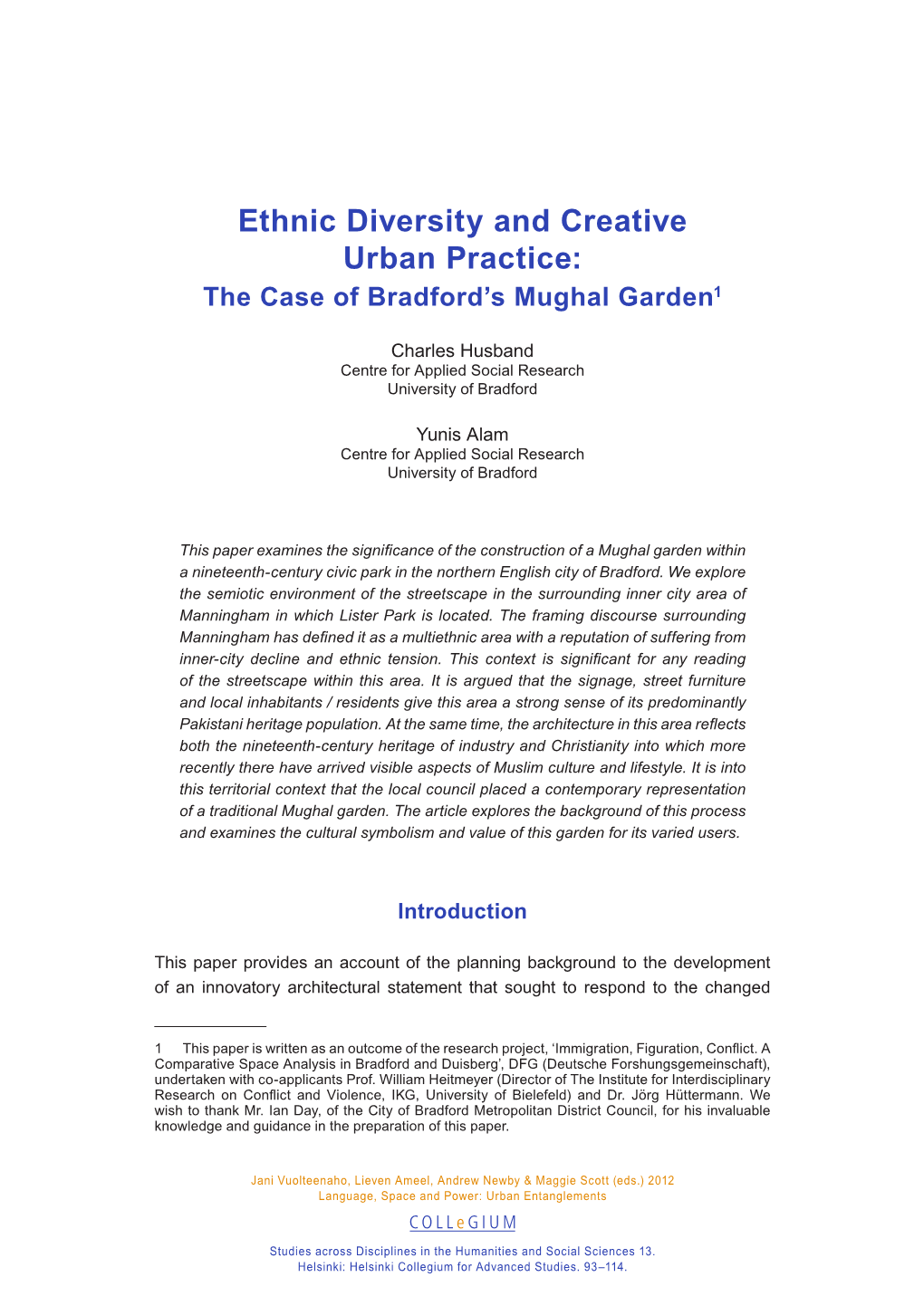 Ethnic Diversity and Creative Urban Practice: the Case of Bradford’S Mughal Garden1