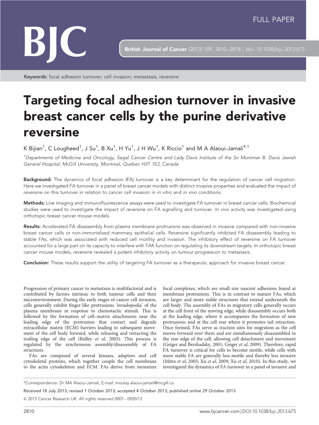 Targeting Focal Adhesion Turnover in Invasive Breast Cancer Cells by the Purine Derivative Reversine