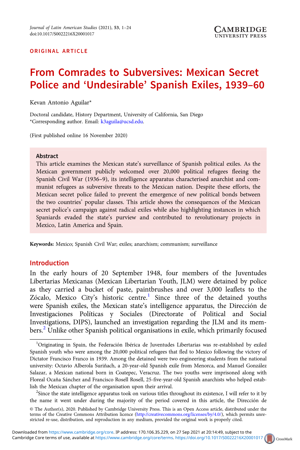 From Comrades to Subversives: Mexican Secret Police and ‘Undesirable’ Spanish Exiles, 1939–60