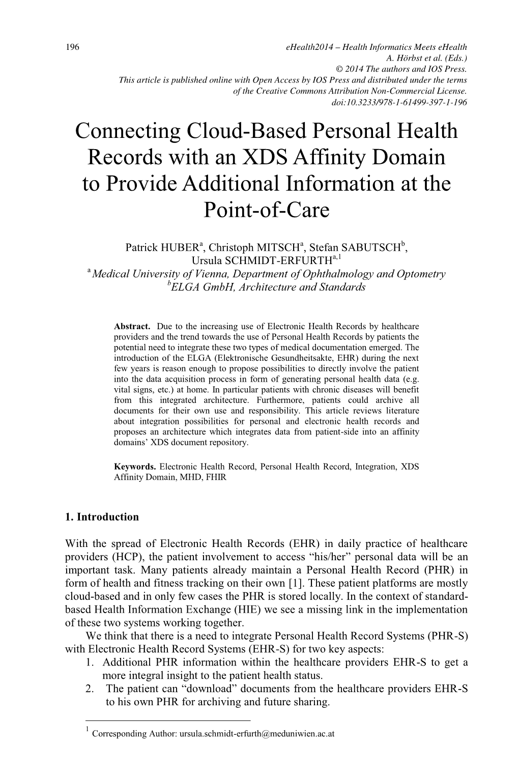 Connecting Cloud-Based Personal Health Records with an XDS Affinity Domain to Provide Additional Information at the Point-Of-Care