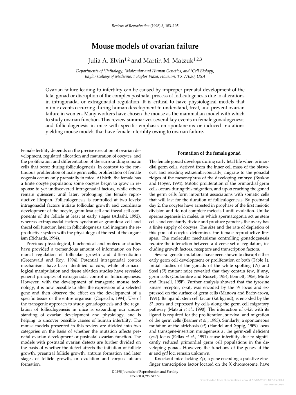 Mouse Models of Ovarian Failure