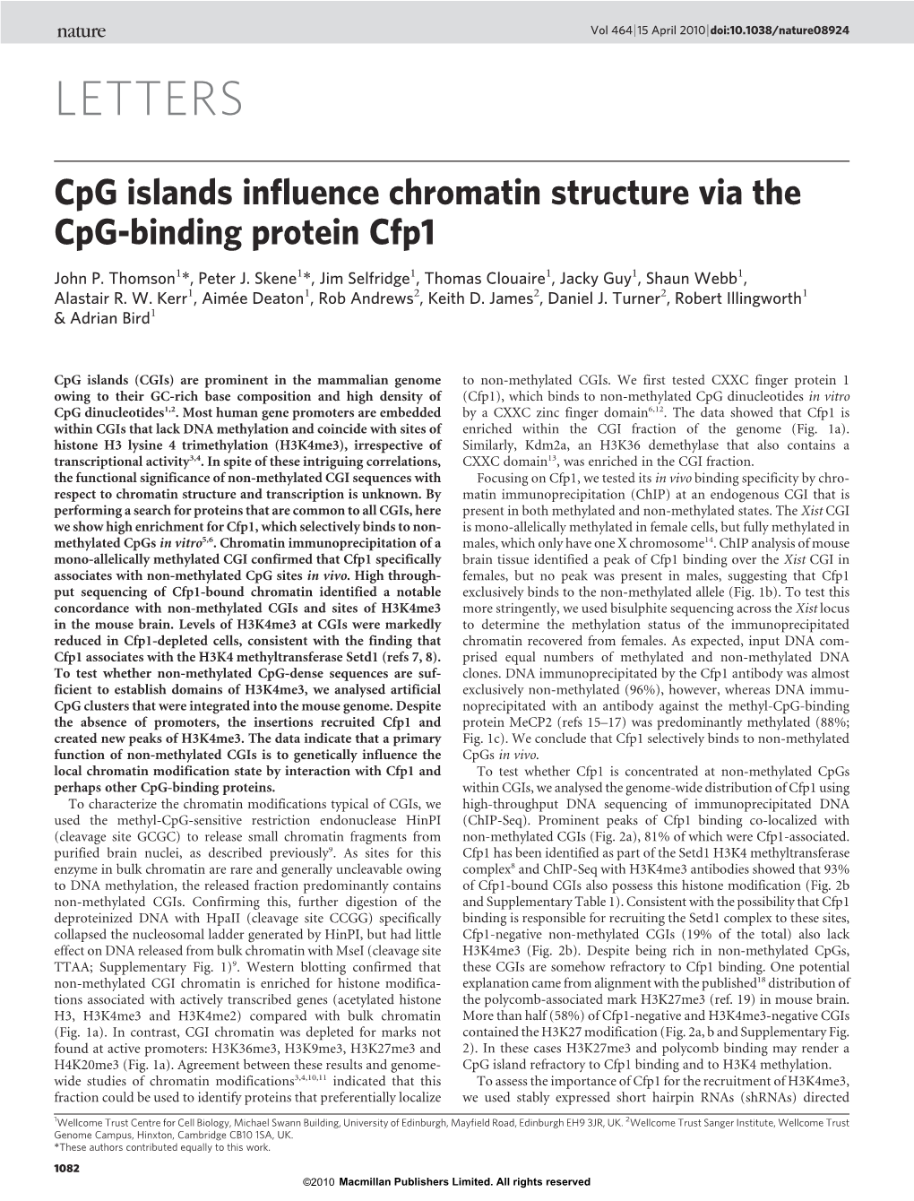 Cpg Islands Influence Chromatin Structure Via the Cpg-Binding Protein Cfp1