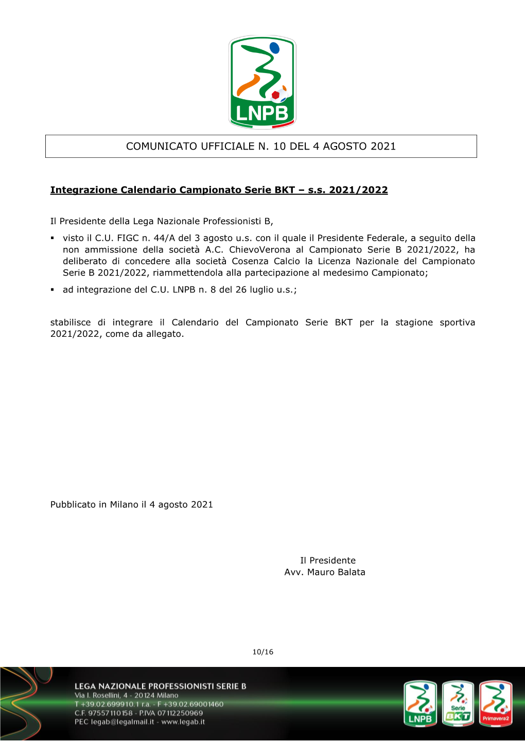 Comunicato Ufficiale N. 10 Del 4 Agosto 2021