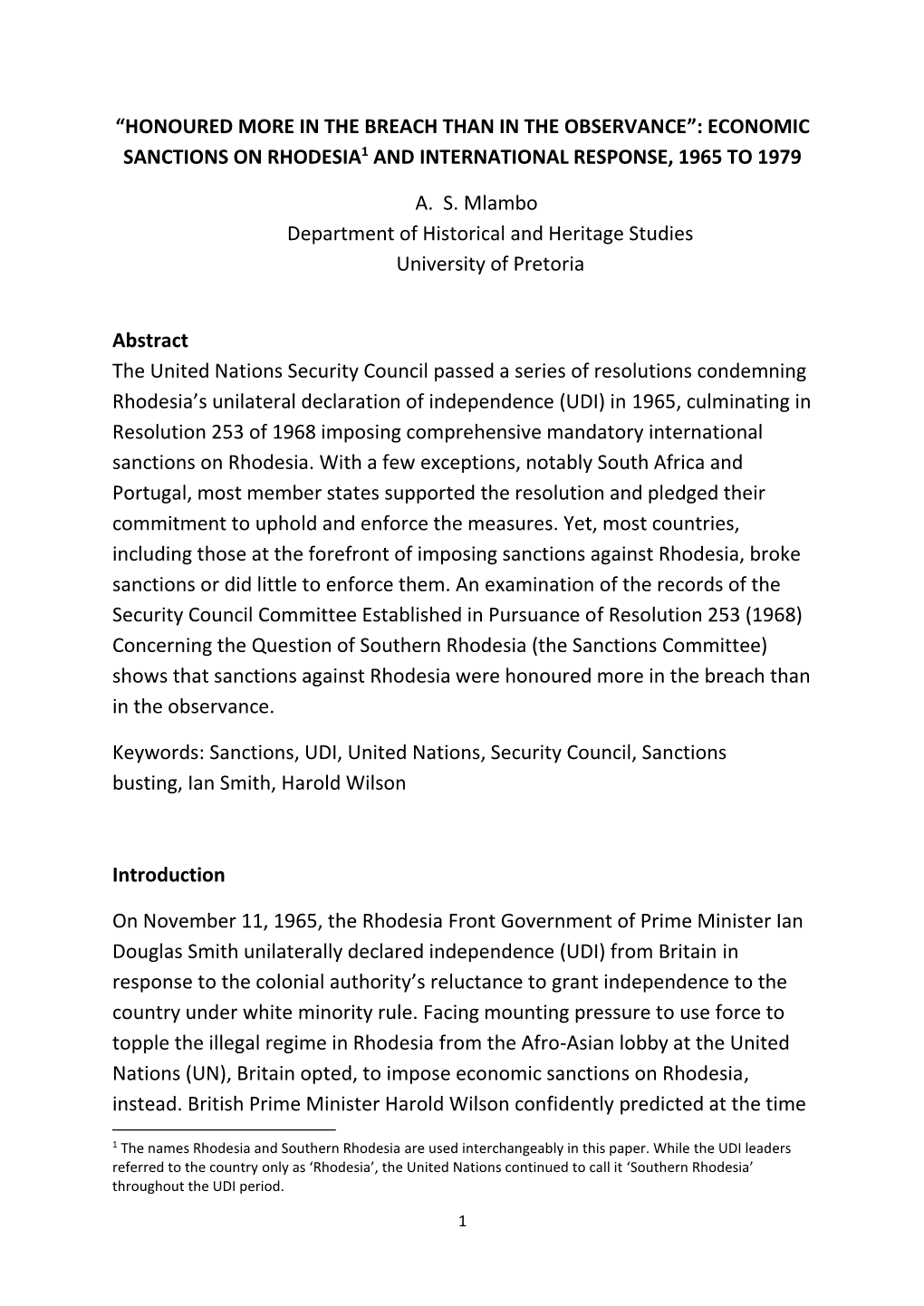 “Honoured More in the Breach Than in the Observance”: Economic Sanctions on Rhodesia1 and International Response, 1965 to 1979