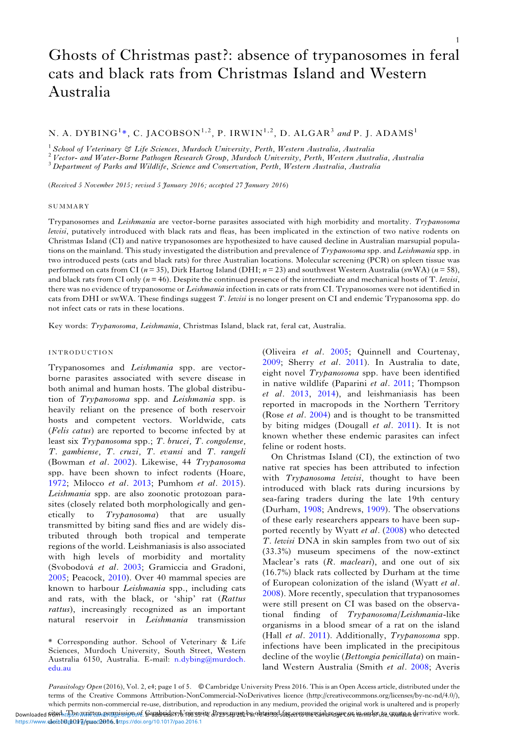 Absence of Trypanosomes in Feral Cats and Black Rats from Christmas Island and Western Australia