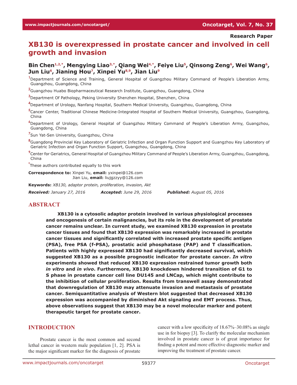 XB130 Is Overexpressed in Prostate Cancer and Involved in Cell Growth and Invasion