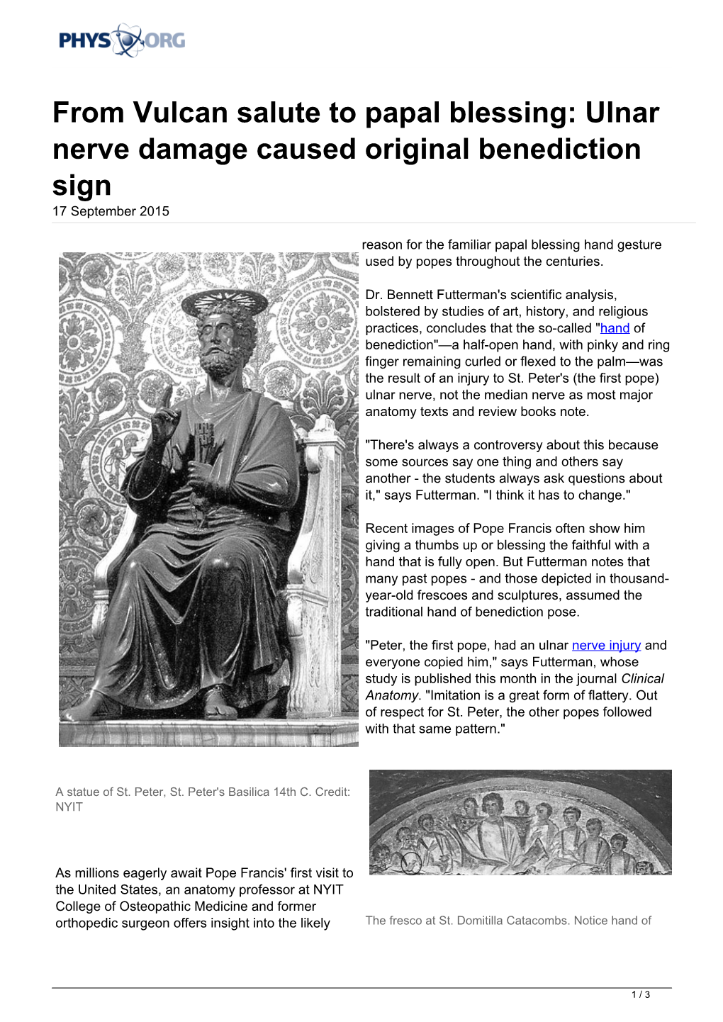 From Vulcan Salute to Papal Blessing: Ulnar Nerve Damage Caused Original Benediction Sign 17 September 2015