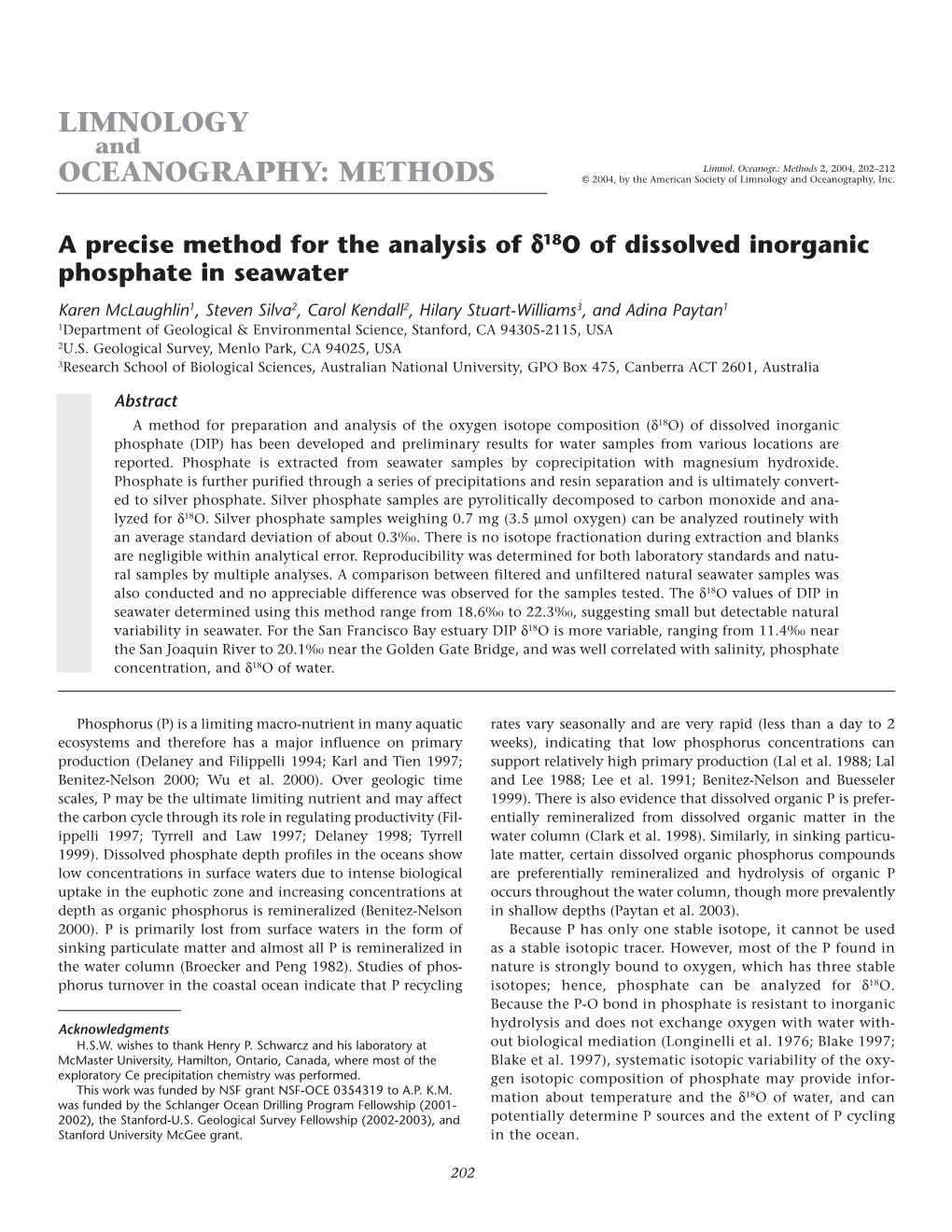 Karen Mclaughlin, Steven Silva, Carol Kendall, Hilary Stuart-Williams, and Adina Paytan. a Precise Method for the Analysis of Ph