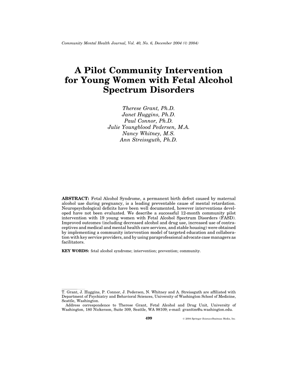 A Pilot Community Intervention for Young Women with Fetal Alcohol Spectrum Disorders