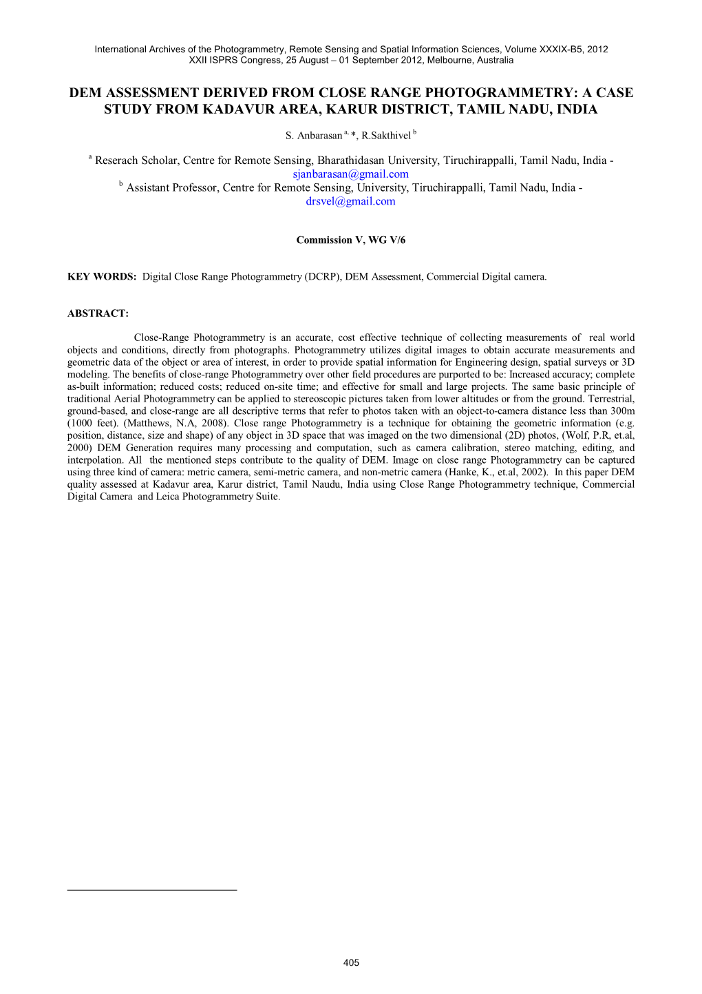 Dem Assessment Derived from Close Range Photogrammetry: a Case Study from Kadavur Area, Karur District, Tamil Nadu, India