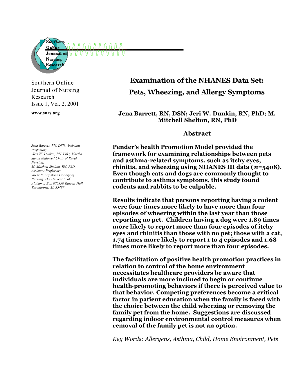 Pets, Wheezing, and Allergy Symptoms Research Issue 1, Vol