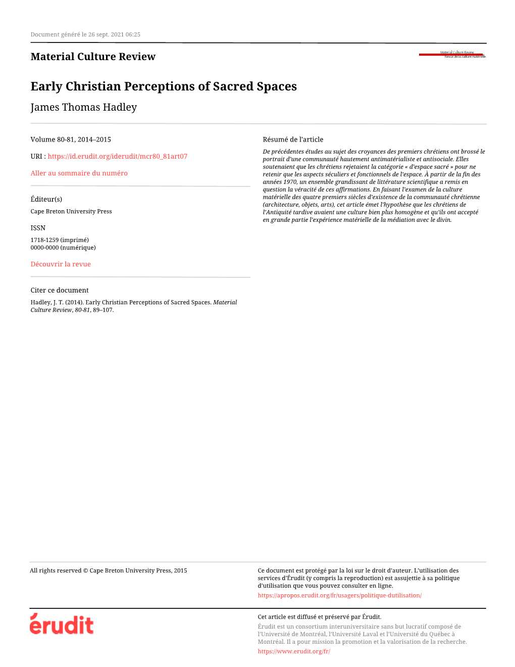 Early Christian Perceptions of Sacred Spaces James Thomas Hadley