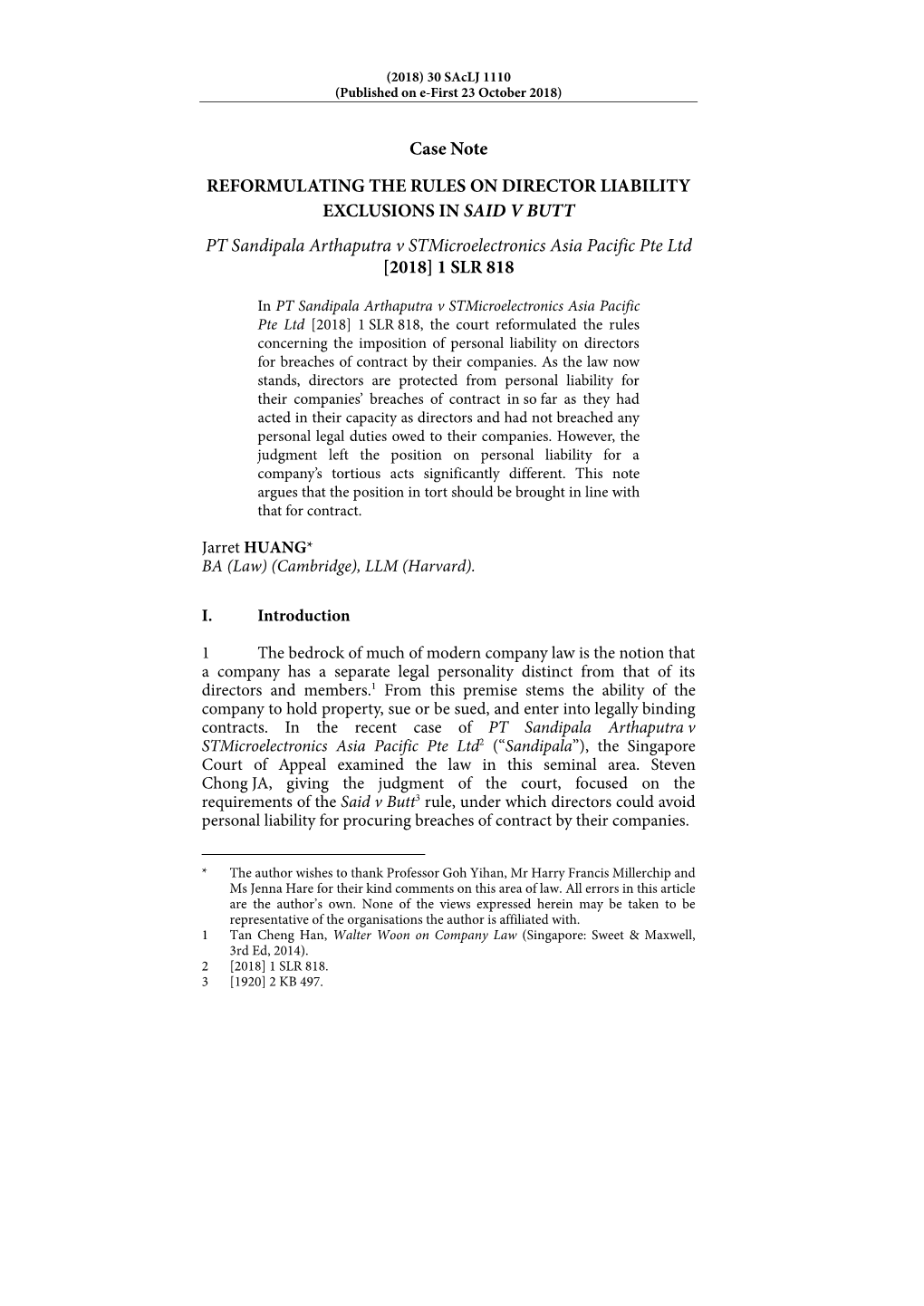 Case Note REFORMULATING the RULES on DIRECTOR LIABILITY EXCLUSIONS in SAID V BUTT PT Sandipala Arthaputra V Stmicroelectronics Asia Pacific Pte Ltd [2018] 1 SLR 818