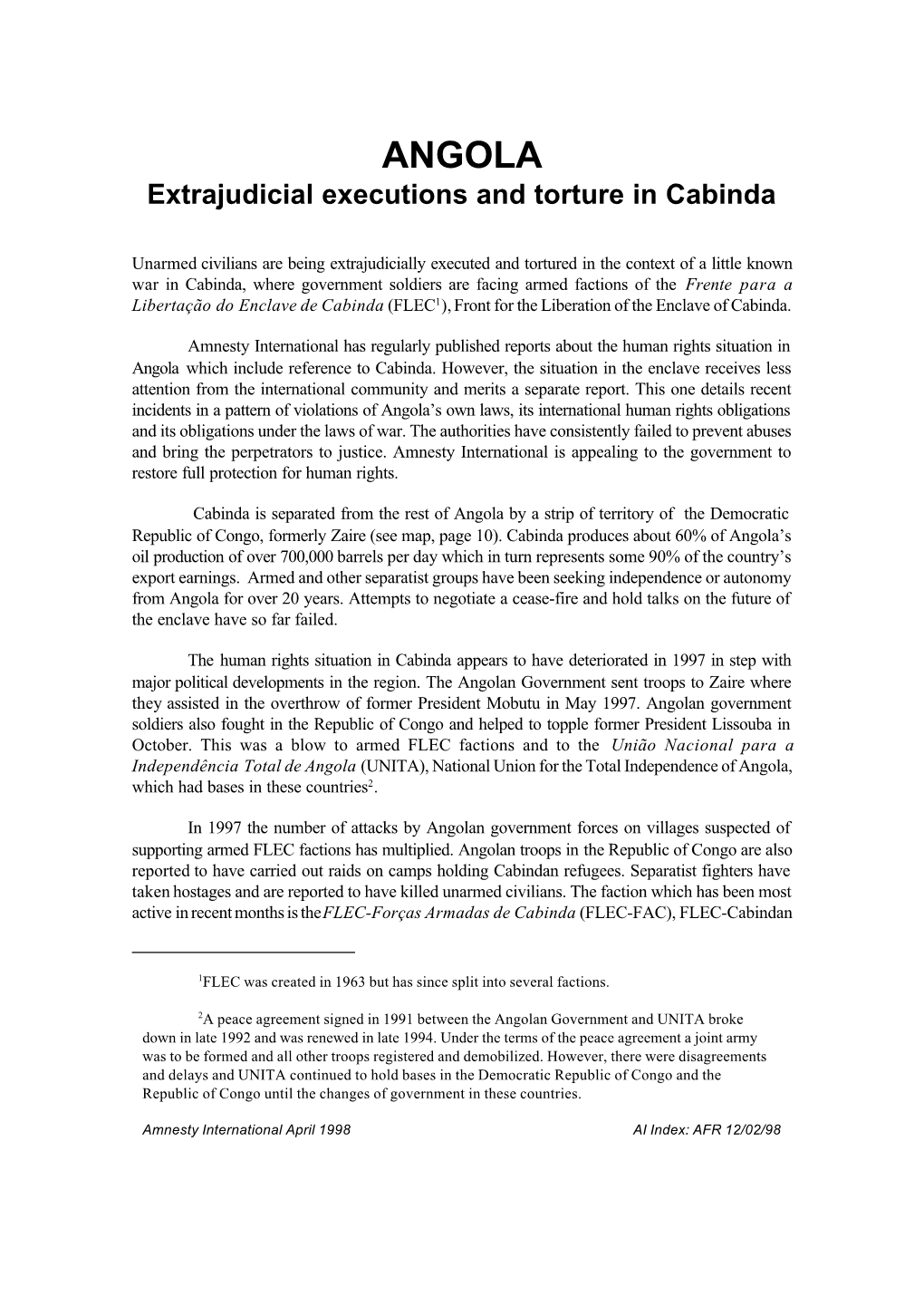 AFR 12/02/98 Angola: Extrajudicial Executions and Torture in Cabinda