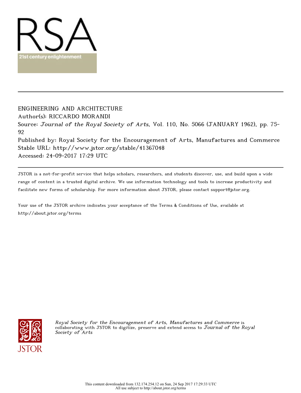 ENGINEERING and ARCHITECTURE Author(S): RICCARDO MORANDI Source: Journal of the Royal Society of Arts, Vol