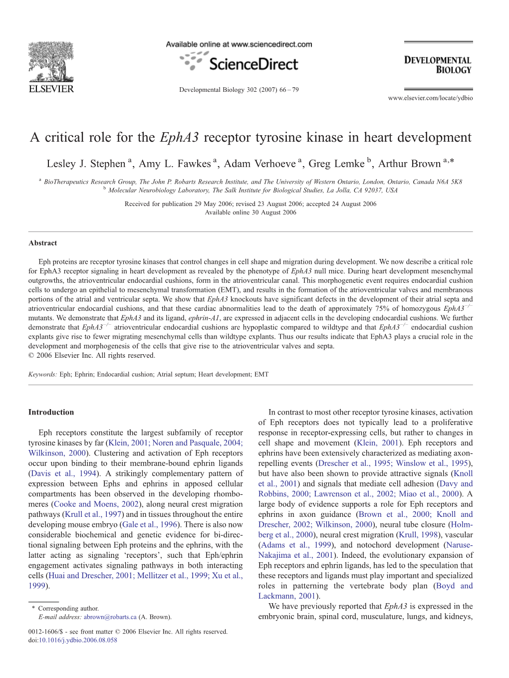 A Critical Role for the Epha3 Receptor Tyrosine Kinase in Heart Development ⁎ Lesley J