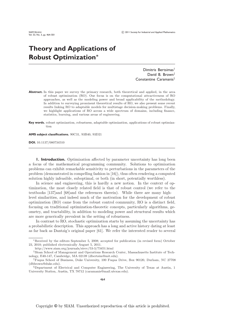 Theory and Applications of Robust Optimization 465