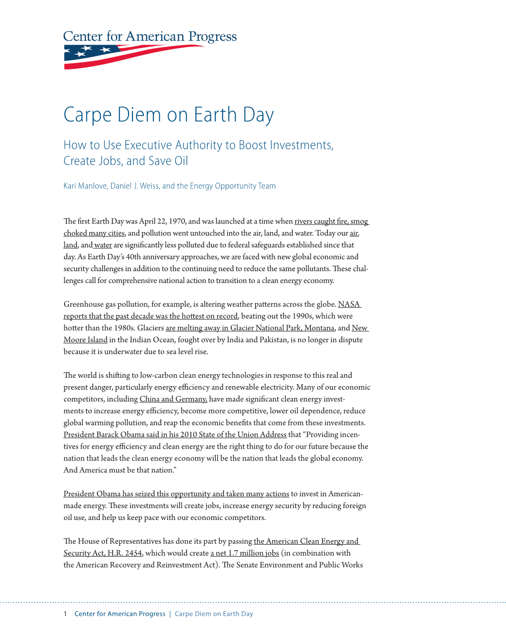 Carpe Diem on Earth Day How to Use Executive Authority to Boost Investments, Create Jobs, and Save Oil