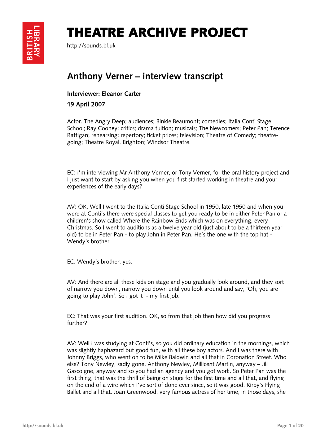 Theatre Archive Project: Interview with Anthony Verner