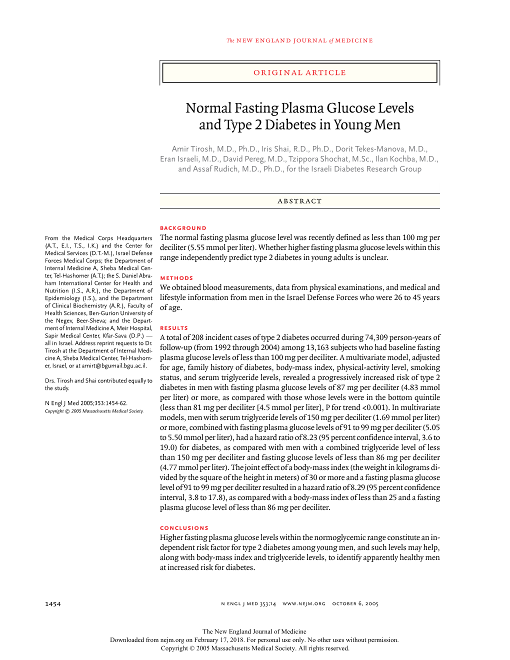 Normal Fasting Plasma Glucose Levels and Type 2 Diabetes in Young Men