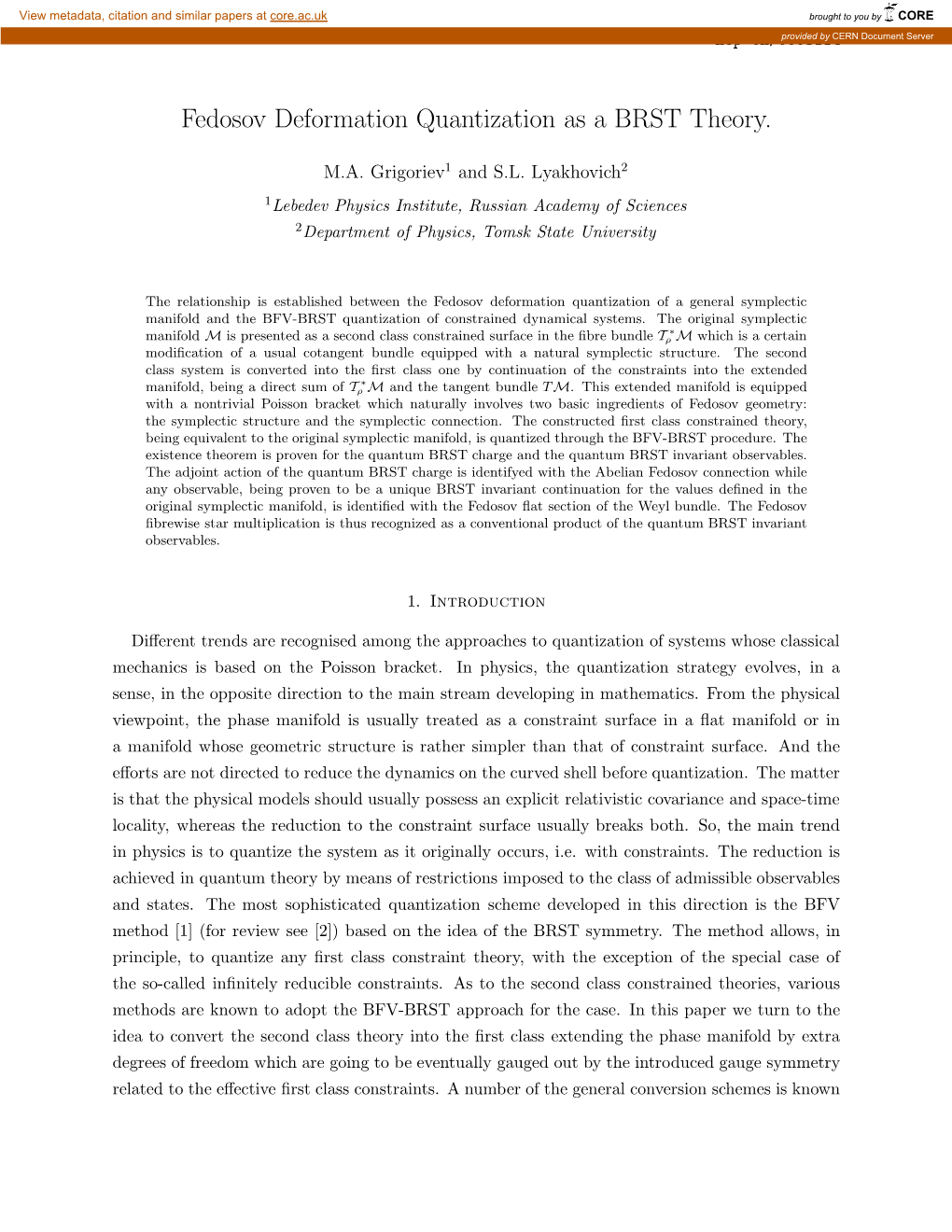 Fedosov Deformation Quantization As a BRST Theory