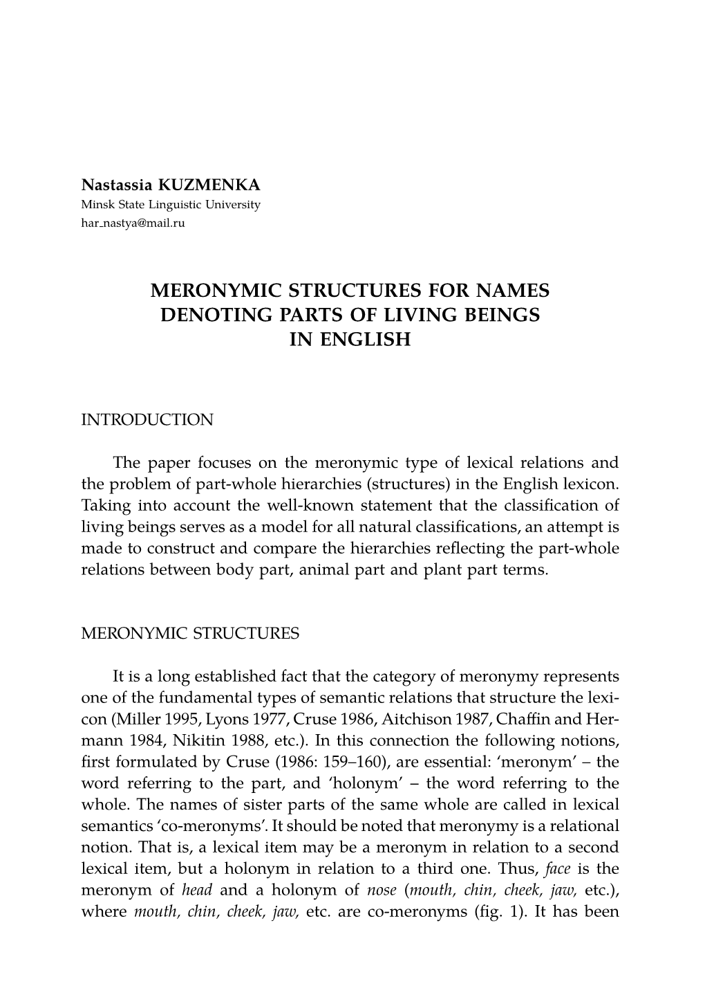 Meronymic Structures for Names Denoting Parts of Living Beings in English