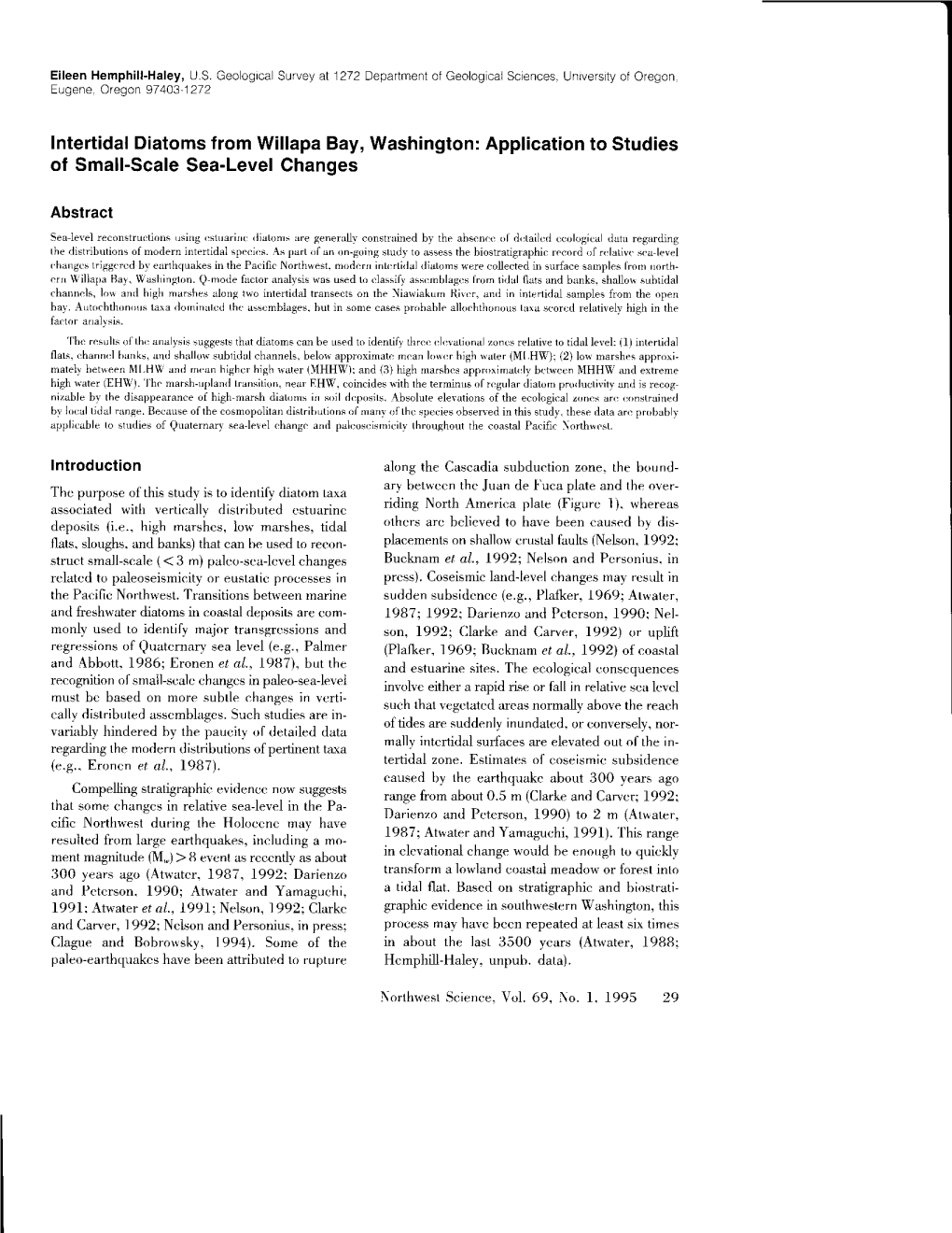 Intertidal Diatoms from Willapa Bay, Washington: Application to Studies