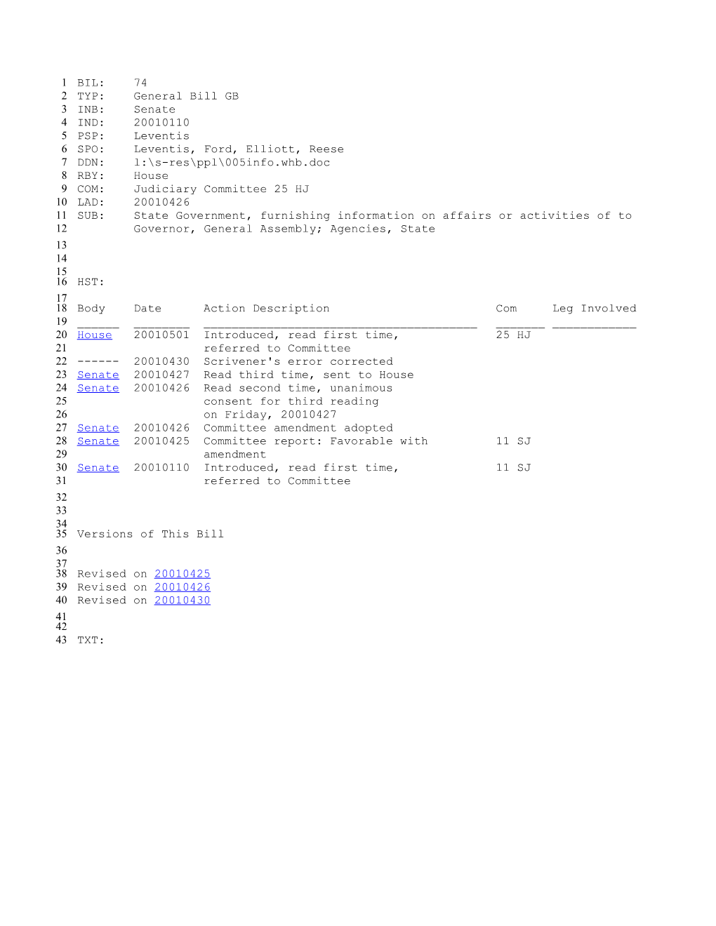 2001-2002 Bill 74: State Government, Furnishing Information on Affairs Or Activities Of