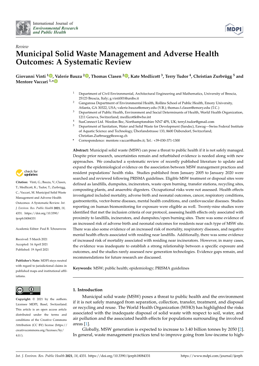 Municipal Solid Waste Management and Adverse Health Outcomes: a Systematic Review